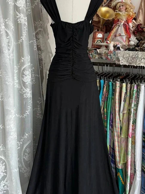 Elegant A Line Black V Neck Pleated Satin Without Sleeves Long Prom Dress, Evening Dress