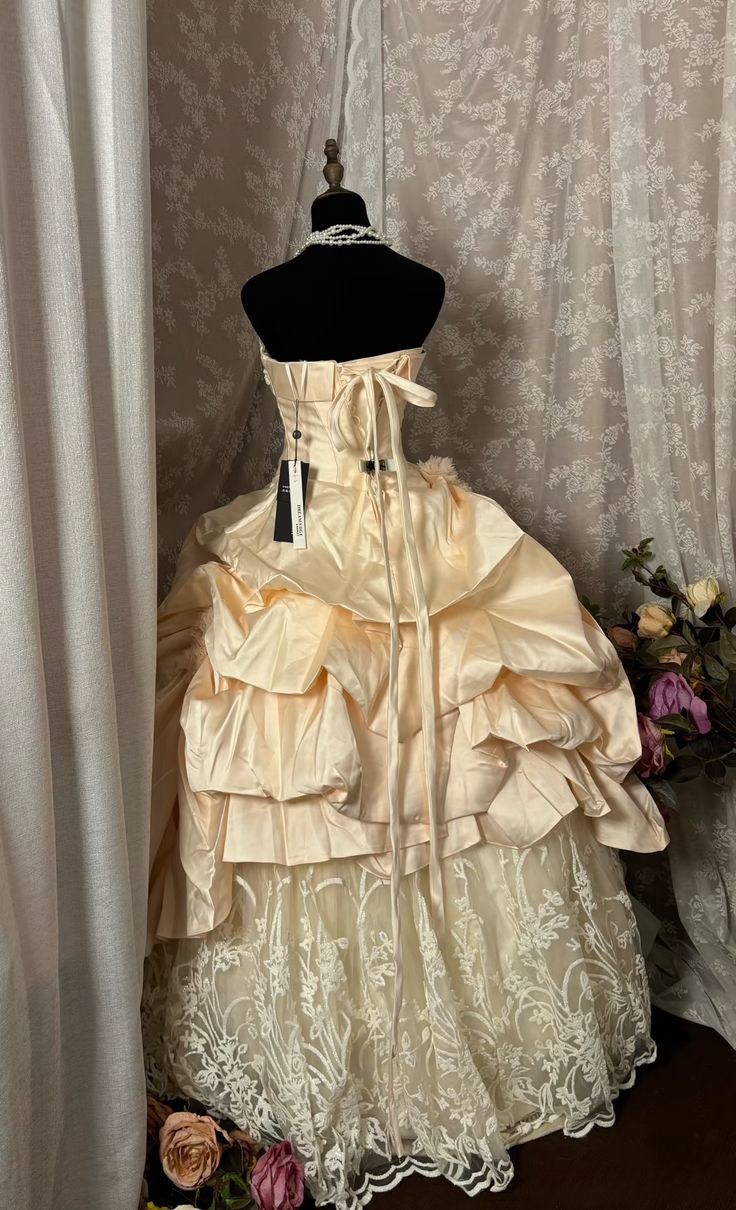 Princess Ball Gown Strapless Satin Lace Without Sleeves Long Prom Dress, Evening Dress