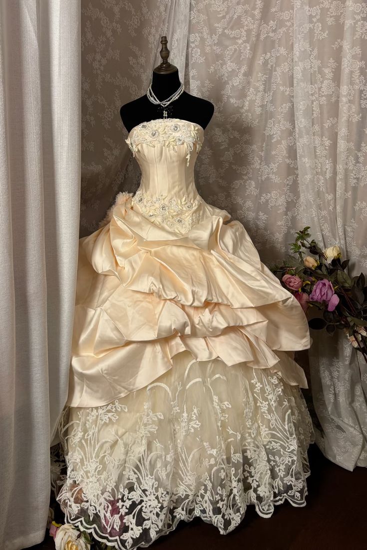Princess Ball Gown Strapless Satin Lace Without Sleeves Long Prom Dress, Evening Dress