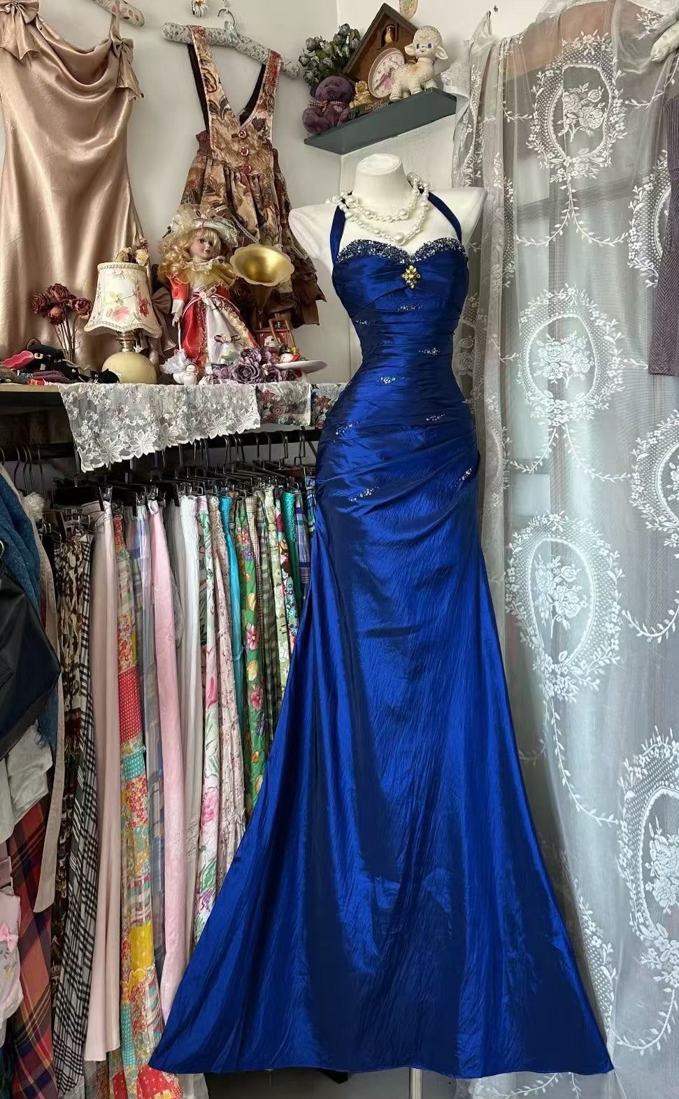 Charming Mermaid Halter Royal Blue Satin Beaded Without Sleeves Long Prom Dress, Evening Dress