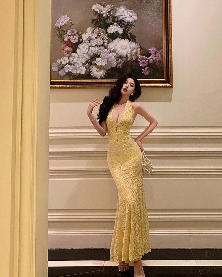 Sexy Pastel Yellow Mermaid Halter Lace Without Sleeves Long Prom Dress, Evening Dress
