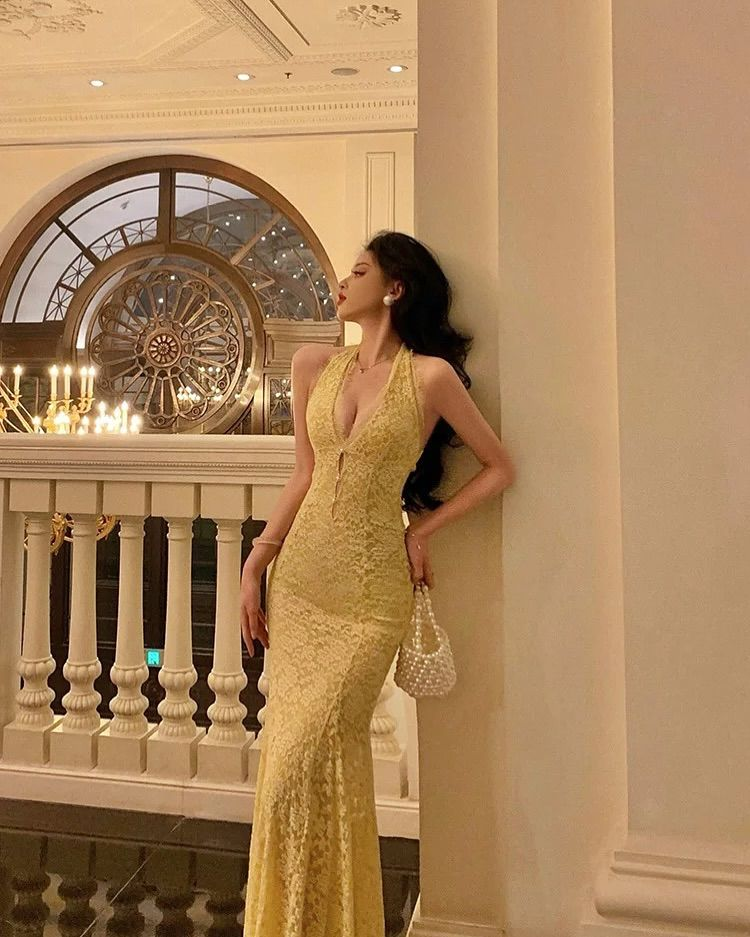 Sexy Pastel Yellow Mermaid Halter Lace Without Sleeves Long Prom Dress, Evening Dress