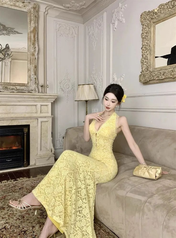 Sexy Pastel Yellow Mermaid Halter Lace Without Sleeves Long Prom Dress, Evening Dress