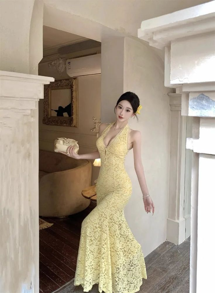 Sexy Pastel Yellow Mermaid Halter Lace Without Sleeves Long Prom Dress, Evening Dress