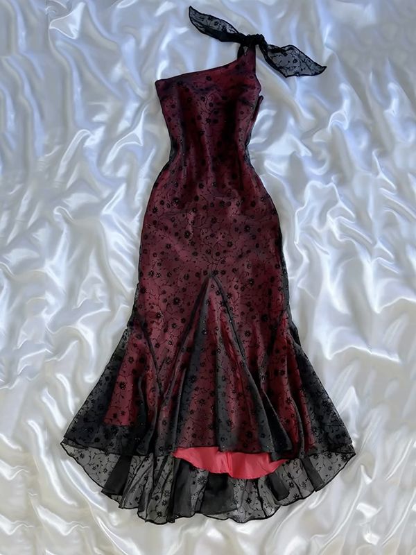 Charming Mermaid One Shoulder Satin Lace Without Sleeves Long Prom Dress, Evening Dress