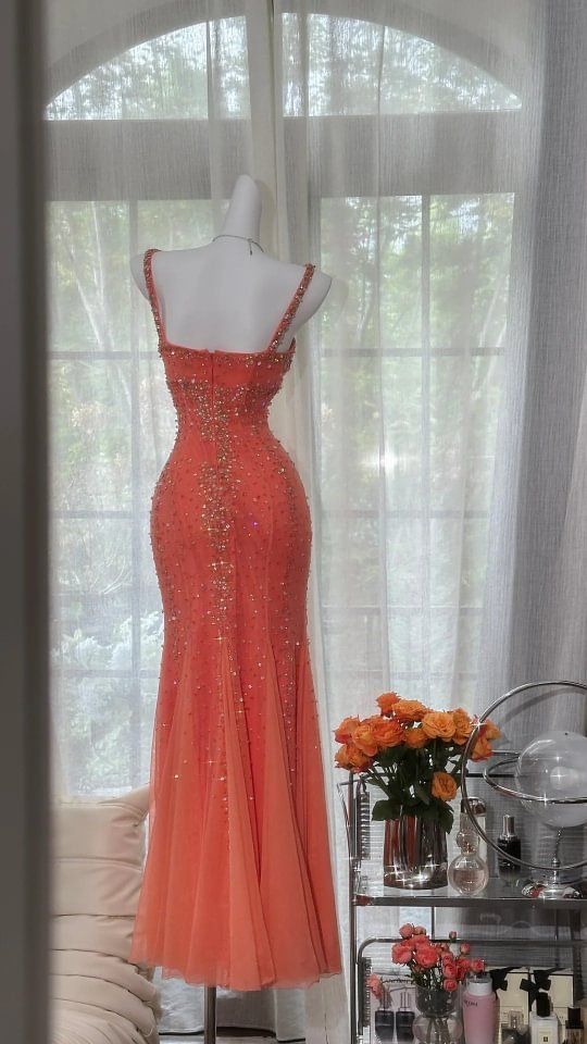 Gorgeous Mermaid Spaghetti Straps Watermelon Tulle Sequin Without Sleeves Long Prom Dress, Evening Dress