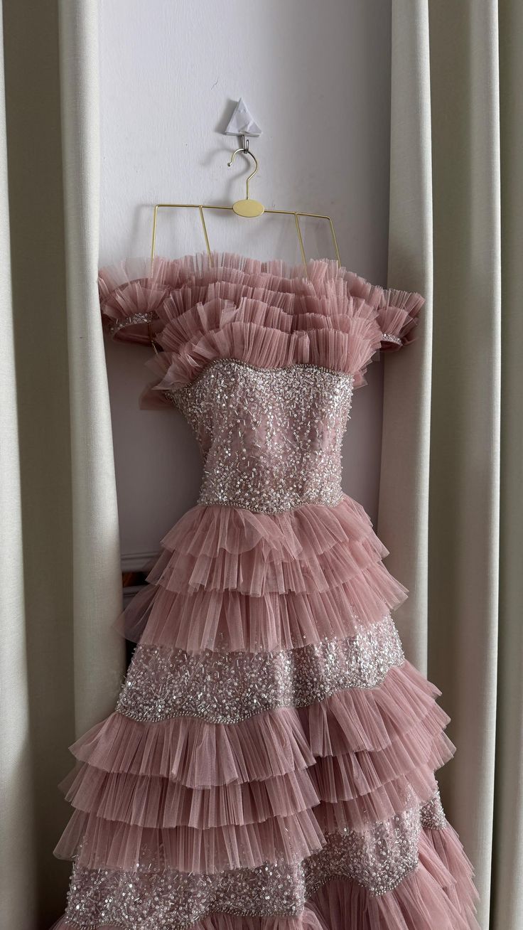 Chic A Line Strapless Tiered Tulle Sequin Beaded Without Sleeves Long Prom Dress, Evening Dress