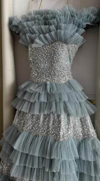 Chic A Line Strapless Tiered Tulle Sequin Beaded Without Sleeves Long Prom Dress, Evening Dress