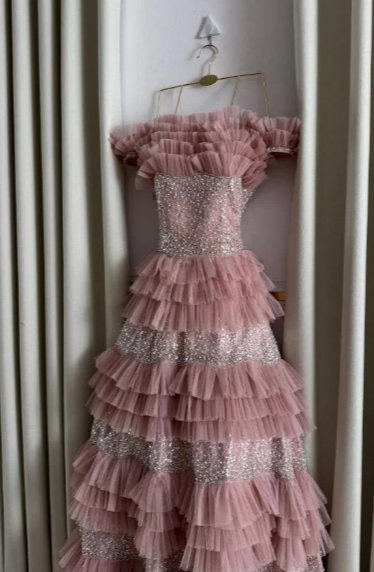 Chic A Line Strapless Tiered Tulle Sequin Beaded Without Sleeves Long Prom Dress, Evening Dress