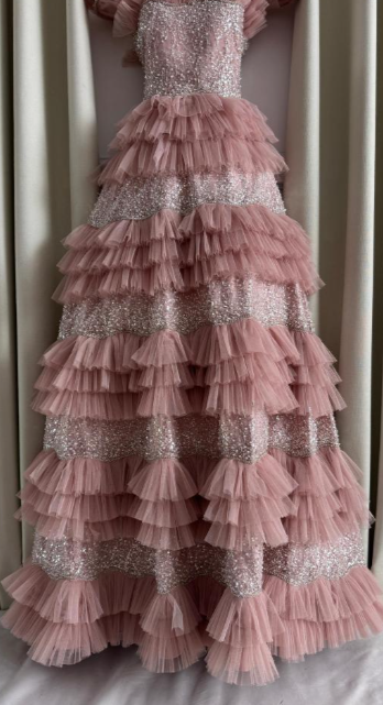 Chic A Line Strapless Tiered Tulle Sequin Beaded Without Sleeves Long Prom Dress, Evening Dress