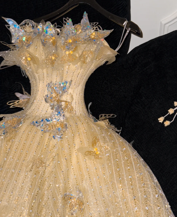 Princess A Line Strapless Tulle Sequin Beaded Without Sleeves Long Prom Dress, Evening Dress