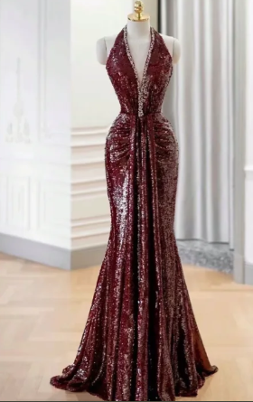 Dark Burgundy Mermaid Halter Sequin Without Sleeves Long Prom Dress, Evening Dress