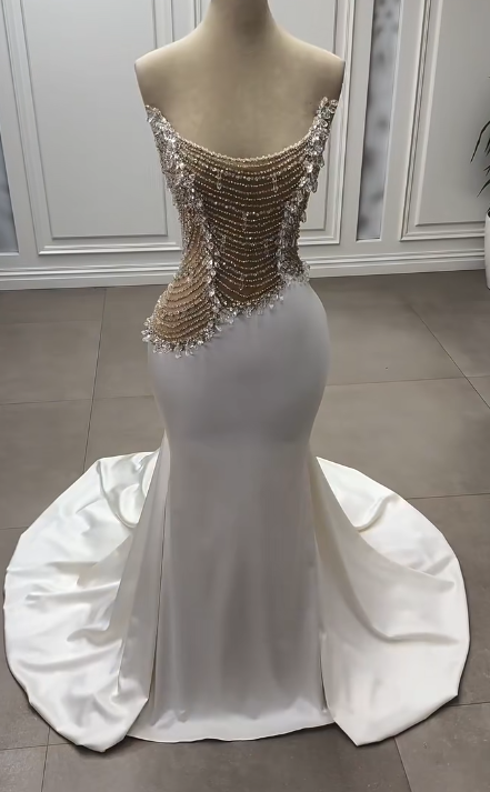 Chic Gorgeous Mermaid Strapless Satin Beaded Without Sleeves Long Prom Dress, Evening Dress