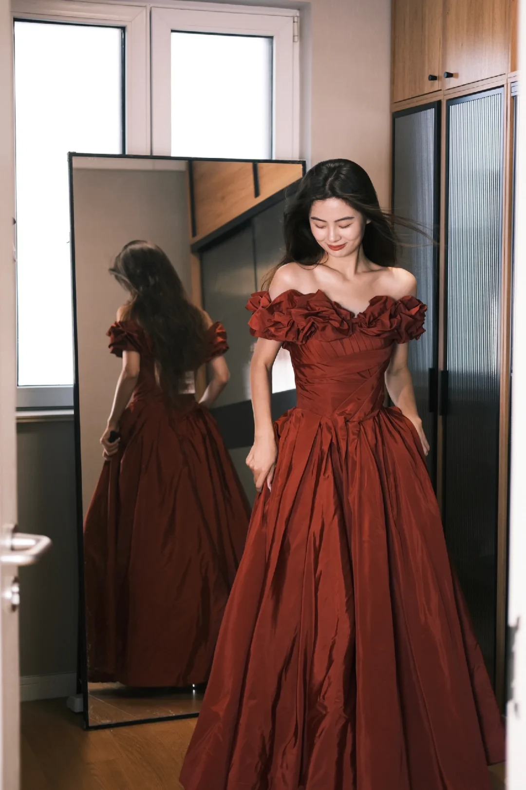 Retro Rust Red A Line Off The Shoulder Satin Without Sleeves Long Prom Dress, Evening Dress