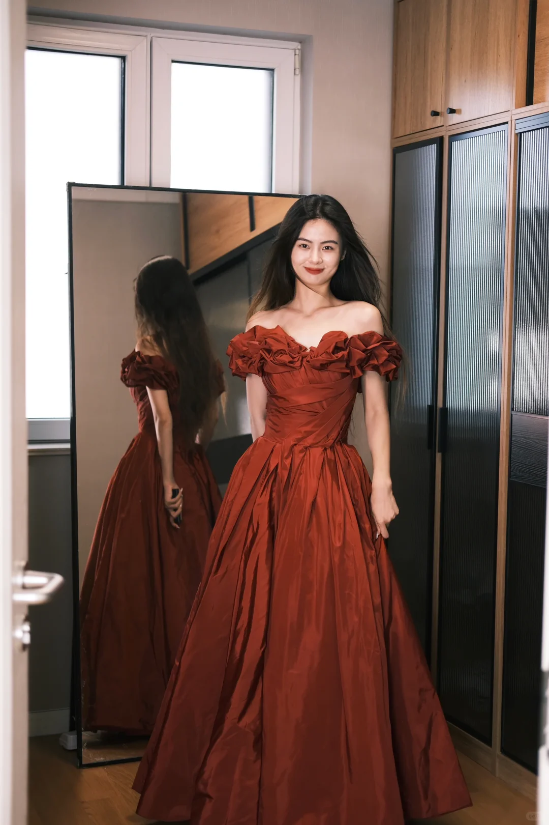 Retro Rust Red A Line Off The Shoulder Satin Without Sleeves Long Prom Dress, Evening Dress