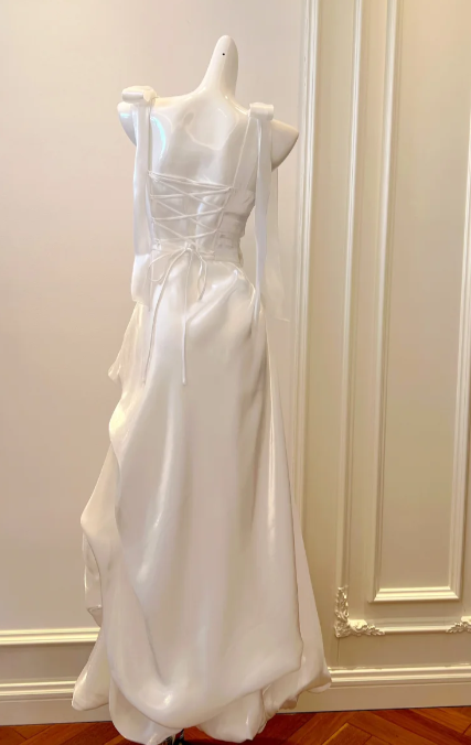 White A Line Square Satin Without Sleeves Long Prom Dress, Evening Dress