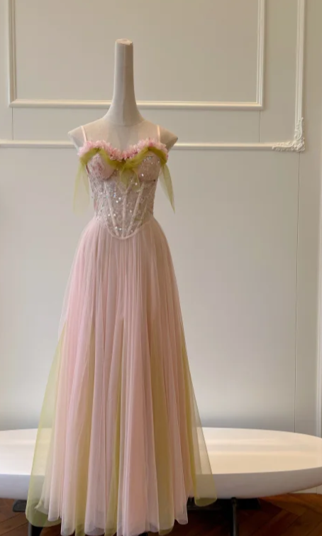 Pretty A Line Spaghetti Straps Tulle Sequin Without Sleeves Long Prom Dress, Evening Dress