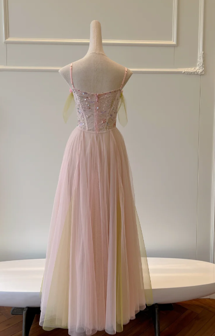 Pretty A Line Spaghetti Straps Tulle Sequin Without Sleeves Long Prom Dress, Evening Dress