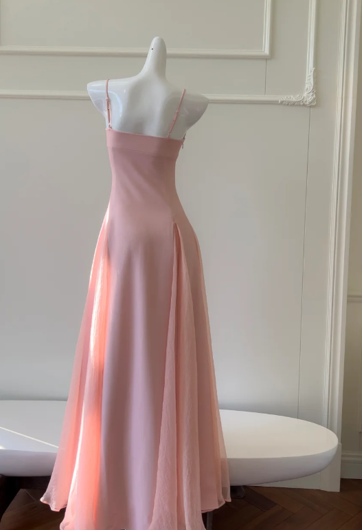 Elegant A Line Spaghetti Straps Satin Chiffon Without Sleeves Long Prom Dress, Evening Dress