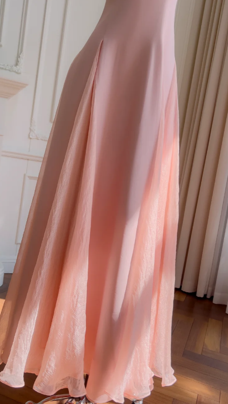 Elegant A Line Spaghetti Straps Satin Chiffon Without Sleeves Long Prom Dress, Evening Dress