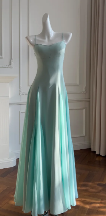 Elegant A Line Spaghetti Straps Satin Chiffon Without Sleeves Long Prom Dress, Evening Dress