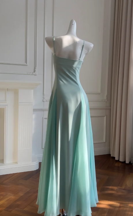 Elegant A Line Spaghetti Straps Satin Chiffon Without Sleeves Long Prom Dress, Evening Dress