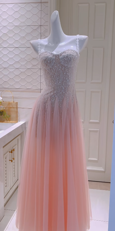 Sweet Style A Line Spaghetti Straps Tulle Sequin Without Sleeves Long Prom Dress, Evening Dress
