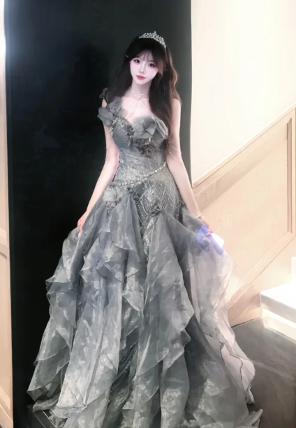 Gorgeous Ball Gown One Shoulder Chiffon Ruffles Sequin Without Sleeves Long Prom Dress, Evening Dress