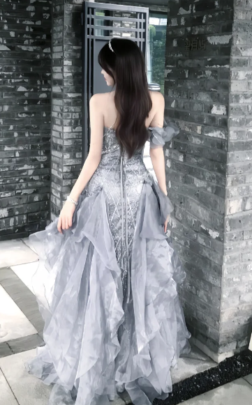 Gorgeous Ball Gown One Shoulder Chiffon Ruffles Sequin Without Sleeves Long Prom Dress, Evening Dress