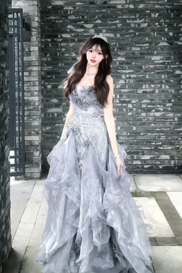 Gorgeous Ball Gown One Shoulder Chiffon Ruffles Sequin Without Sleeves Long Prom Dress, Evening Dress