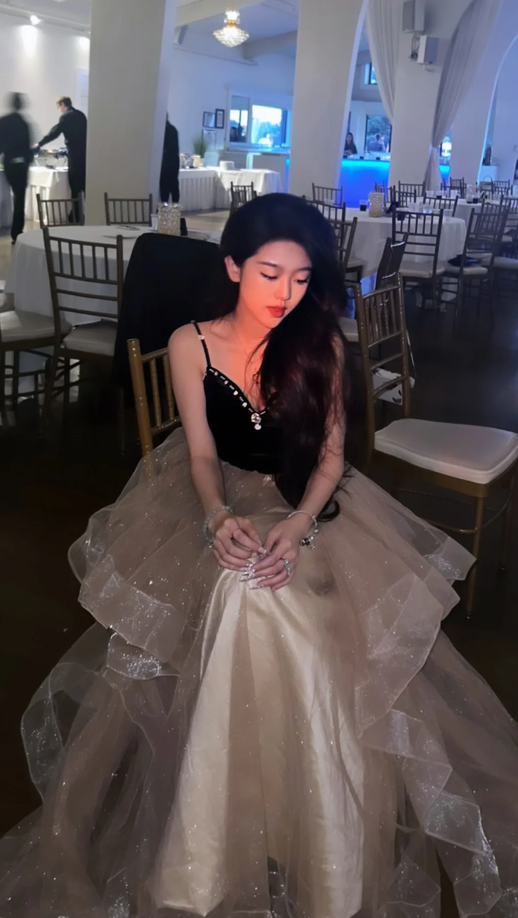 Princess Ball Gown Spaghetti Straps Satin Tulle Sequin Beaded Without Sleeves Long Prom Dress, Evening Dress