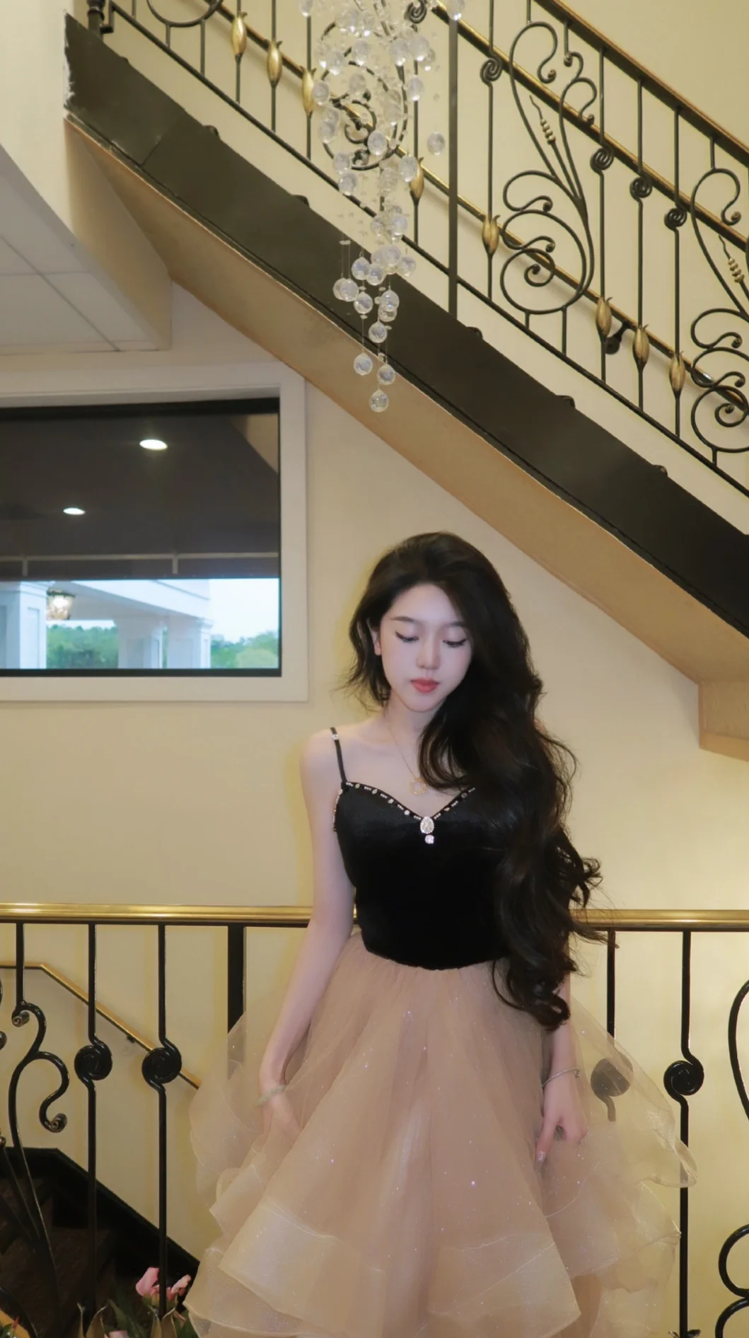 Princess Ball Gown Spaghetti Straps Satin Tulle Sequin Beaded Without Sleeves Long Prom Dress, Evening Dress