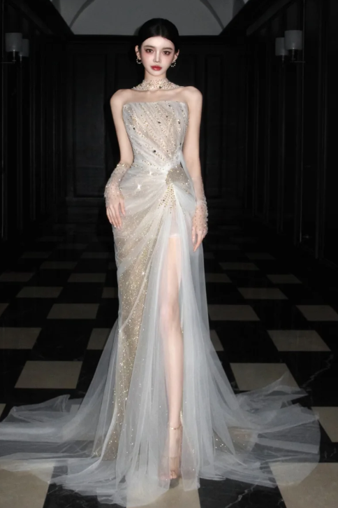 Luxurious Mermaid Strapless Tulle Beaded Without Sleeves Long Prom Dress, Evening Dress