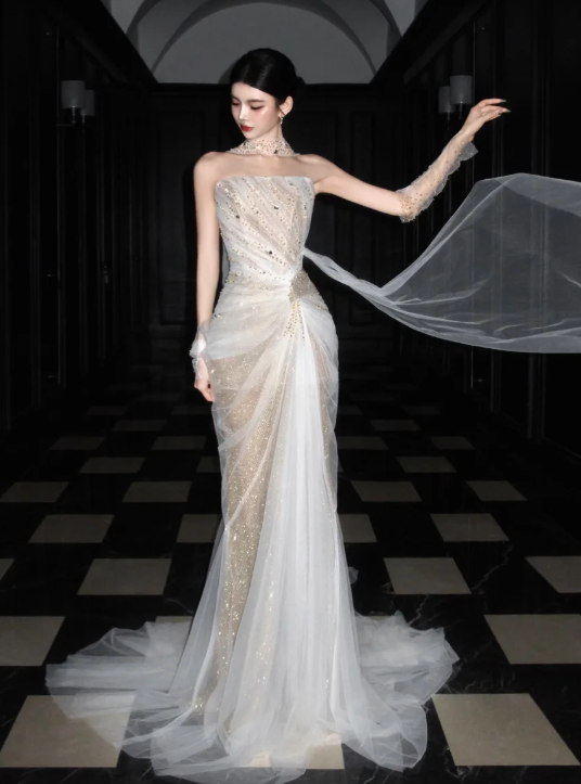 Luxurious Mermaid Strapless Tulle Beaded Without Sleeves Long Prom Dress, Evening Dress