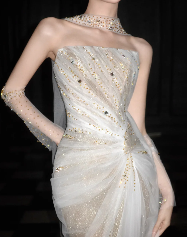 Luxurious Mermaid Strapless Tulle Beaded Without Sleeves Long Prom Dress, Evening Dress