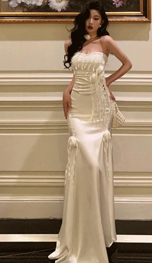 Chic Mermaid Strapless Satin Without Sleeves Long Prom Dress, Evening Dress