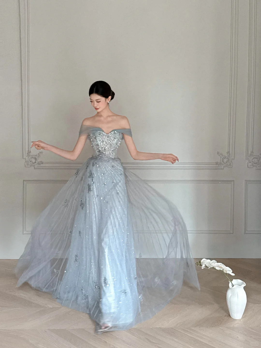 Obsessed A Line Off The Shoulder Tulle Beaded Without Sleeves Long Prom Dress, Evening Dress