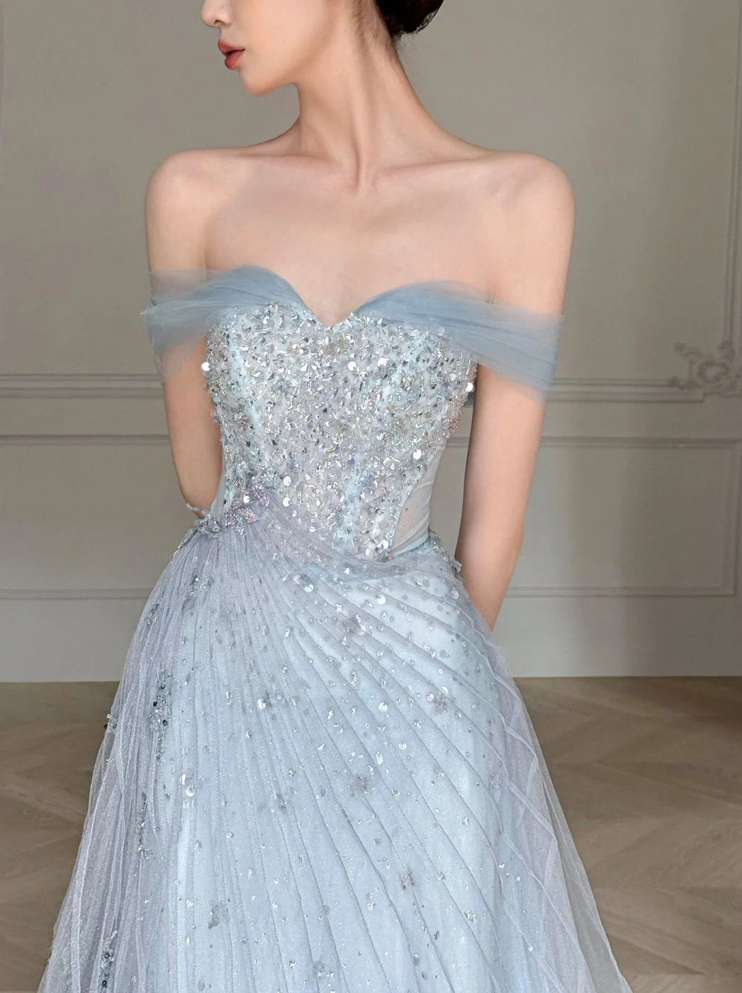 Obsessed A Line Off The Shoulder Tulle Beaded Without Sleeves Long Prom Dress, Evening Dress