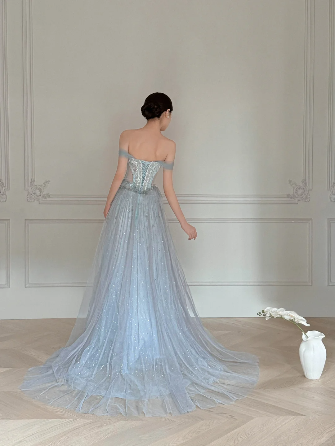 Obsessed A Line Off The Shoulder Tulle Beaded Without Sleeves Long Prom Dress, Evening Dress