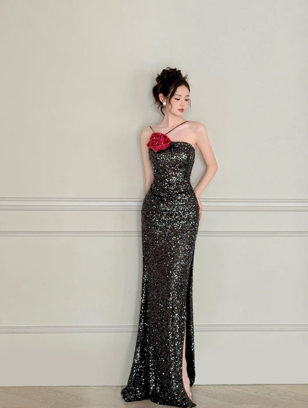 Charming Mermaid Halter Sequin Slit Without Sleeves Long Prom Dress, Evening Dress