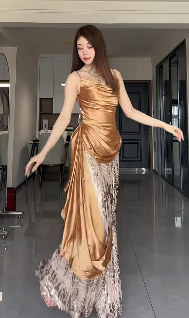 Chic Mermaid Spaghetti Straps Pleated Satin Sequin Without Sleeves Long Prom Dress, Evening Dress