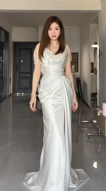 Elegant White Mermaid Satin Beaded Slit Without Sleeves Long Prom Dress, Evening Dress