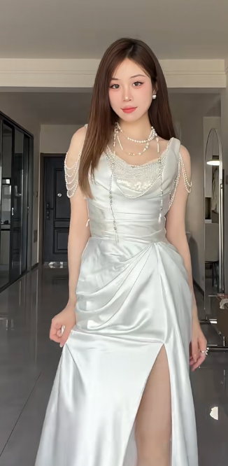 Elegant White Mermaid Satin Beaded Slit Without Sleeves Long Prom Dress, Evening Dress