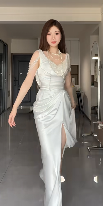 Elegant White Mermaid Satin Beaded Slit Without Sleeves Long Prom Dress, Evening Dress
