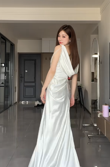 Elegant White Mermaid Satin Beaded Slit Without Sleeves Long Prom Dress, Evening Dress