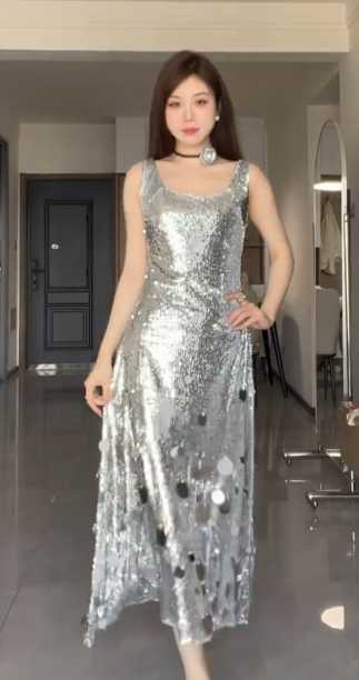 Shiny A Line U Neck Silver Sequin Without Sleeves Long Prom Dress, Evening Dress