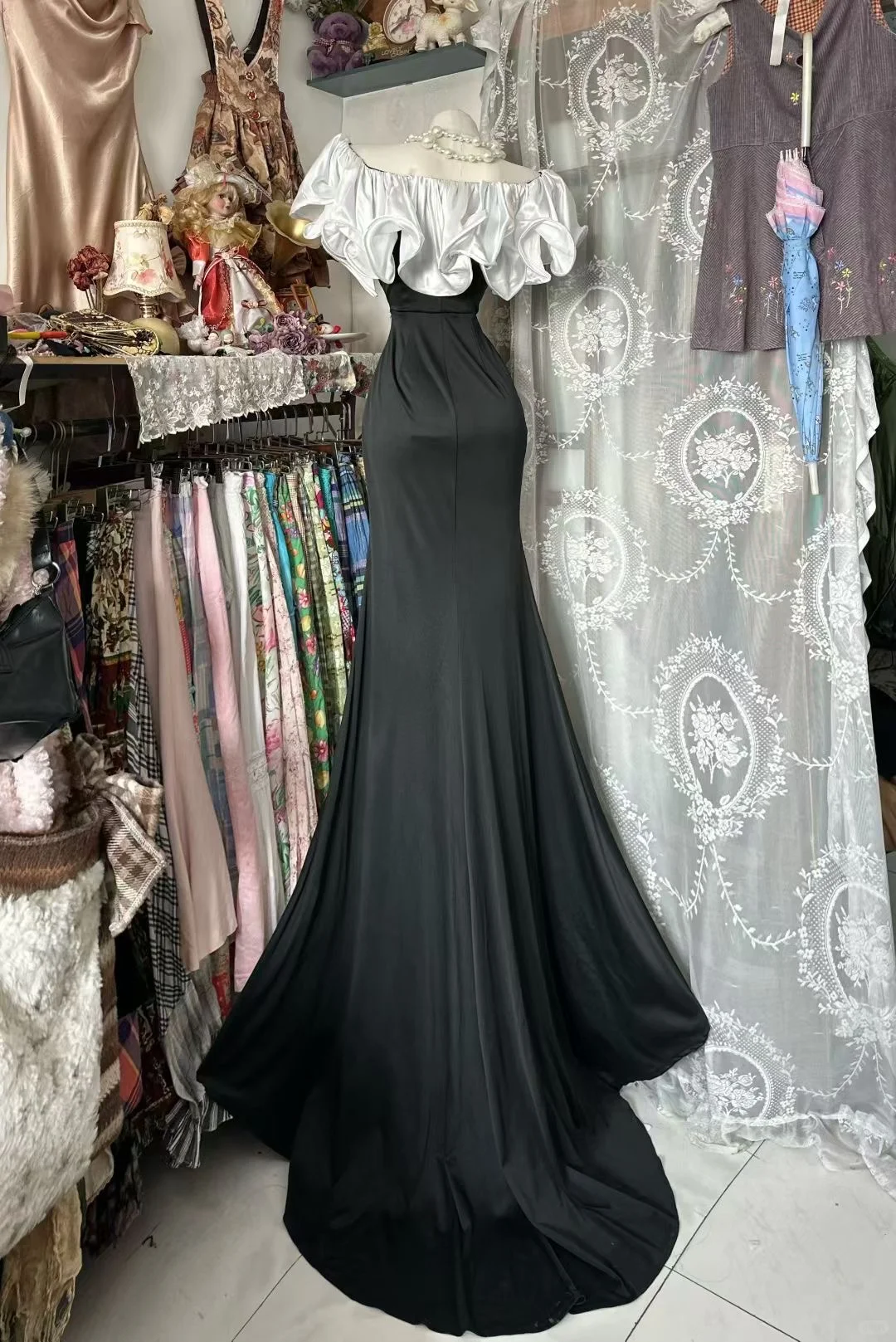 Elegant Mermaid Ruffle Neck Satin Without Sleeves Long Prom Dress, Evening Dress