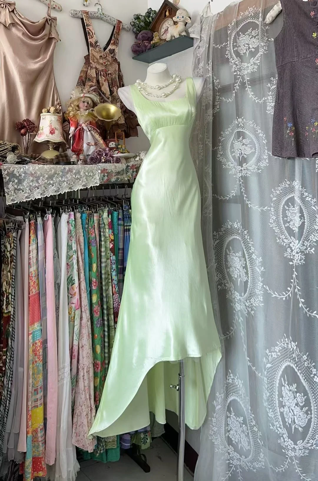 Sage Mermaid Square Satin Without Sleeves Long Prom Dress, Evening Dress