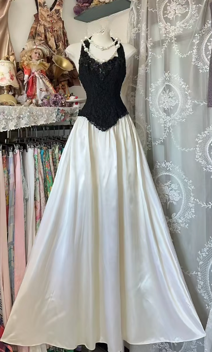Classy A Line Halter Satin Lace Without Sleeves Long Prom Dress, Evening Dress