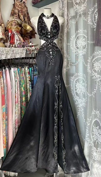 Gorgeous Mermaid Halter Black Satin Beaded Backless Without Sleeves Long Prom Dress, Evening Dress